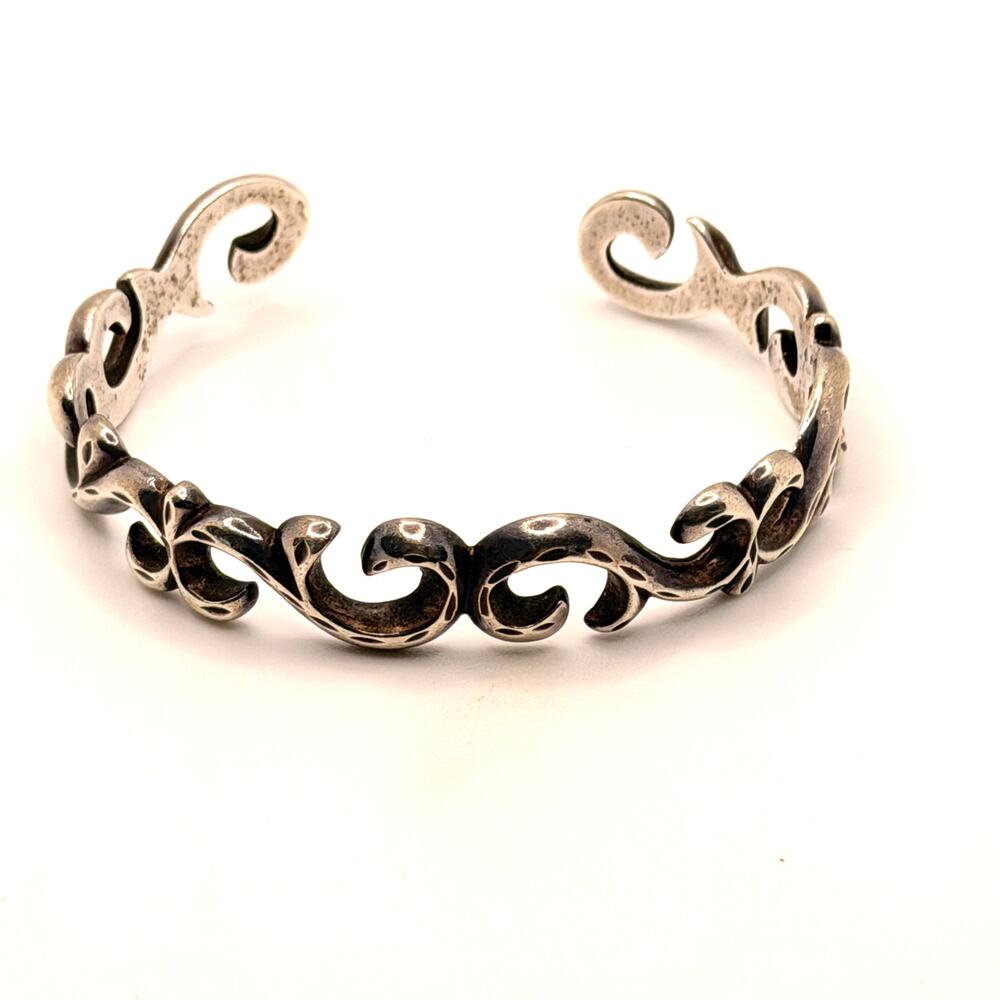 Vintage 80s Sterling Silver Ornate Openwork Scroll Artisan Cuff Bracelet - Picture 2 of 9